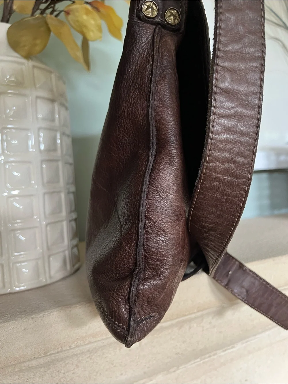 Civico 93 Italy Distressed Brown Woven Leather Boho Crossbody Messenger Bag
